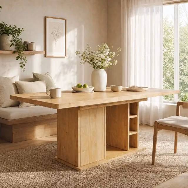 Tavolo da pranzo allungabile 140-180 cm con mobile e vani aperti in MDF rovere