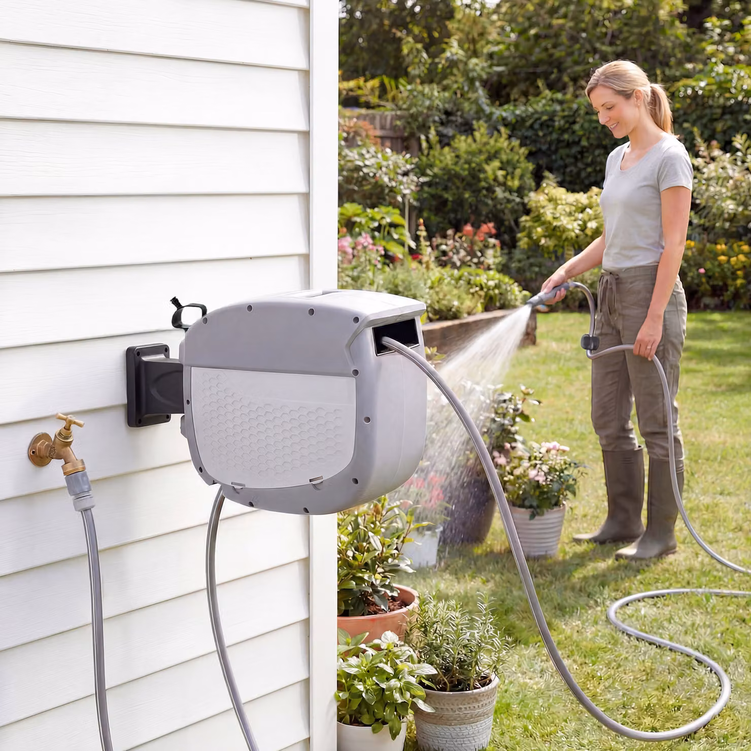 Avvolgitubo Outsunny con tubo da giardino da 30 m, cassetta girevole a 180° con riavvolgimento e bloccaggio automatico, grigio – 2