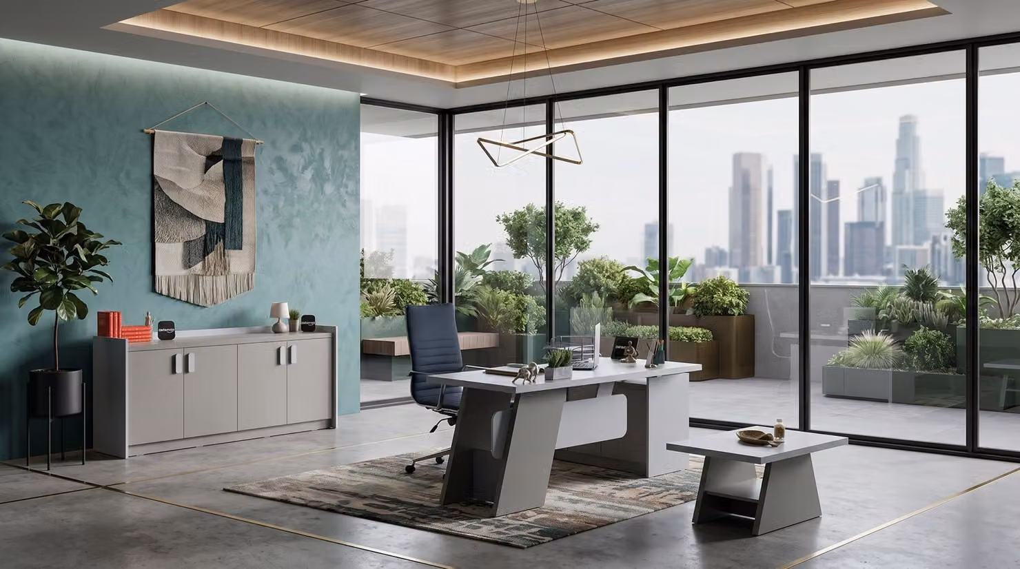 Set da ufficio grigio: scrivania, armadio, tavolino. Arredamento di design, moderno