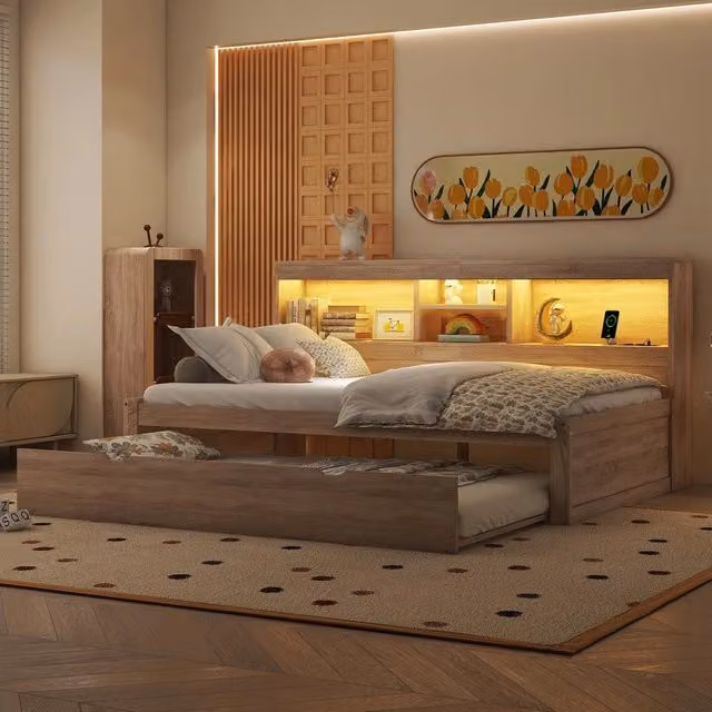 Letto giorno 90x200 con LED vano contenitore ¨C Minimal ¨C Legno naturale con USB e spina