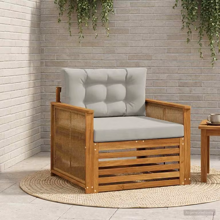 Divano centrale da esterno vidaXL in legno di acacia naturale con cuscini beige e grigi