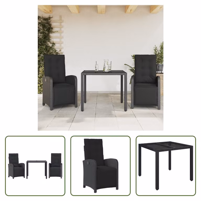 The Living Store Set bistrot 3 pezzi con cuscini in poly rattan nero