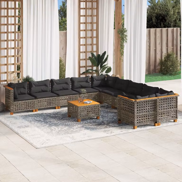 vidaXL Set Divani da Giardino 11 pz in Polyrattan Grigio con Cuscini e Tavolino da Esterno