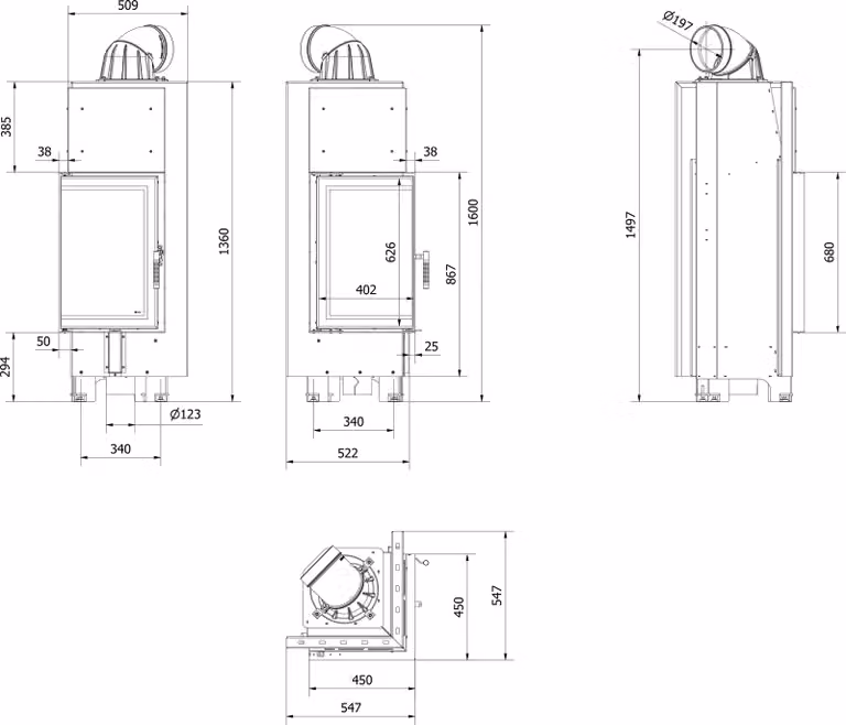 Inserto per caminetto in acciaio KRATKI MBN sinistro 10 kW Ø 200 con molla per porta