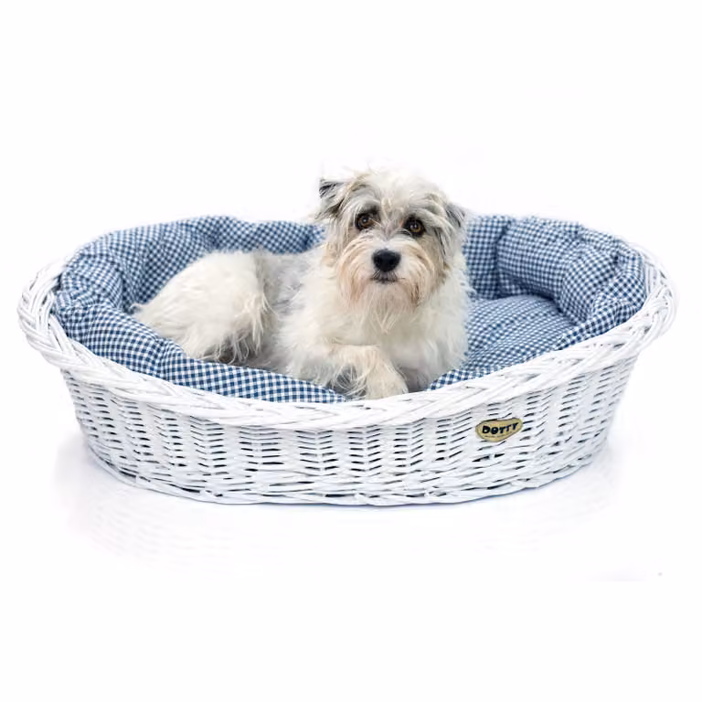 Cesto in vimini bianco sbiancato per cani Cesto Wiki con lettino in cotone per cani - Blu navy a quadri - DOTTY
