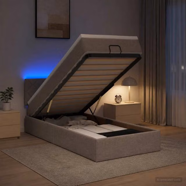 Letto Ottomano Moderno vidaXL con Materasso Ibrido, Base a Sollevamento, Illuminazione LED Sottostante e Porte di Ricarica USB, Grigio e Beige, L 100 x P 200 cm – 1