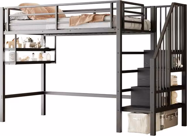 Letto a soppalco singolo REDOM nero con scala contenitore e ripiani laterali per cameretta bambini L/P/H: 200 x 90 x 160 cm
