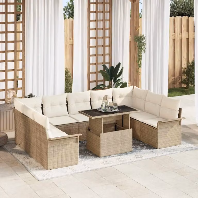 Set Divano da Giardino Moderno vidaXL in Polyrattan Beige con 10 Pezzi