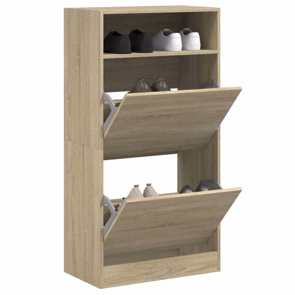 Scarpiera moderna vidaXL in legno color rovere con scomparti basculanti e ripiani interni, L: 60 cm, P: 34 cm, H: 116 cm