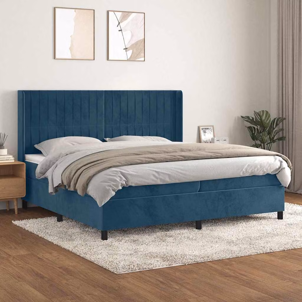 vidaXL Letto Ibrido con Giroletto a Molle e Materasso in Velluto Blu e Bianco L/P/H: 200 x 200 x 128 cm