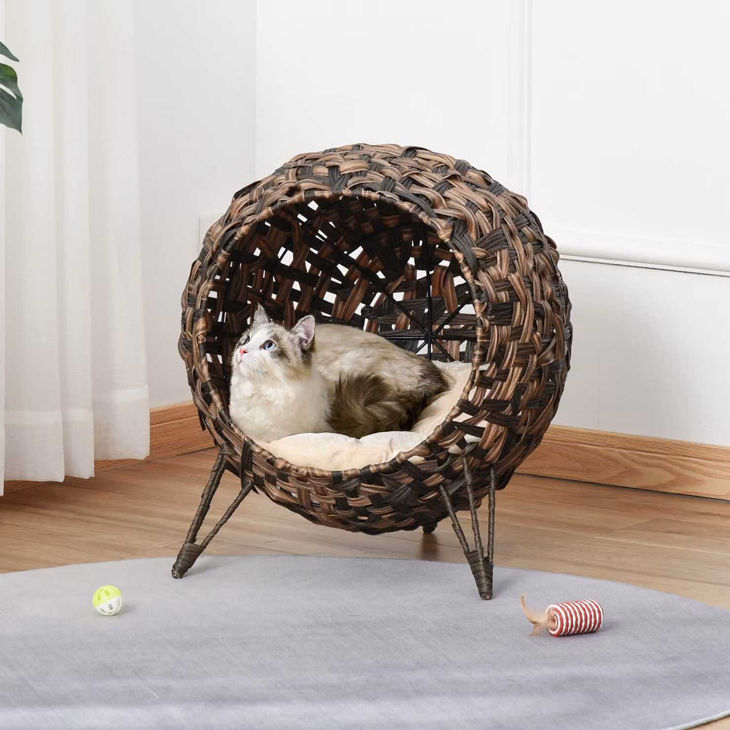 Cuccia rialzata per gatti PawHut in rattan marrone con cuscino, Ø 52 x 58 cm – 2