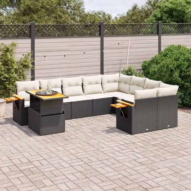 Set Divani da Giardino 10pz con Cuscini in Polyrattan Nero 3273681