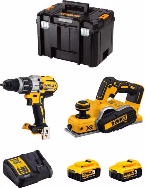 Kit DeWALT DWK220 Giallo con Trapano DCD996, Sega Circolare DCP580, 2 Batterie da 5,0 Ah e Caricatore DCB115, Sistema di Trasporto TSTAK VI