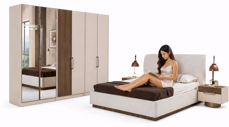 Set moderno per camera da letto color beige, composto da: letto imbottito, armadio e 2 comodini