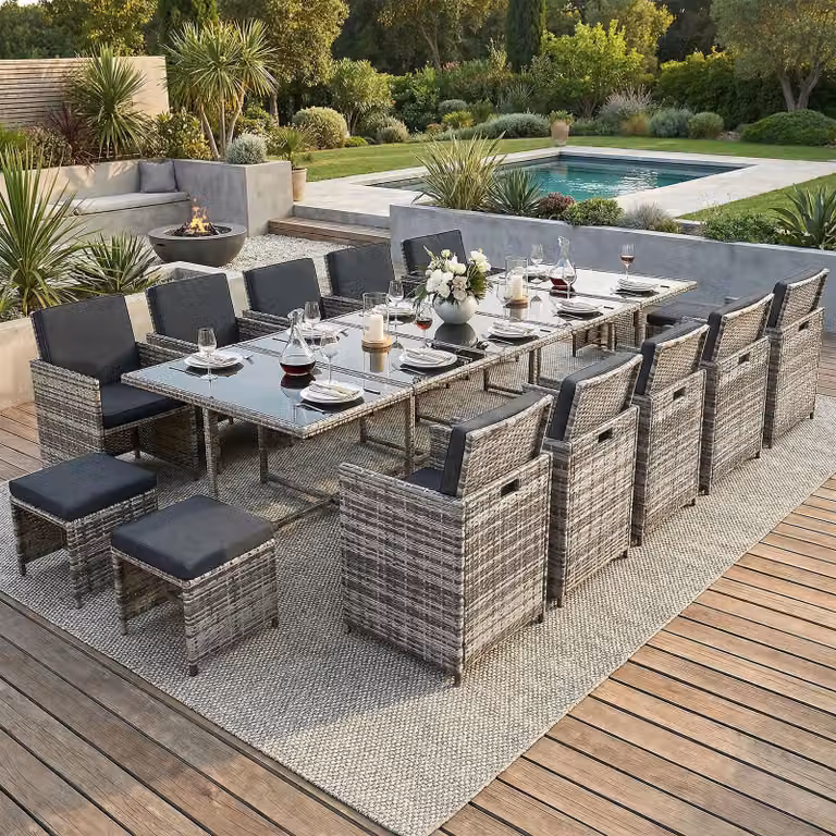 Set di mobili da giardino in polirattan per tavolo da pranzo e salotto Set da giardino da 15 pezzi 1x tavolo + 10x sedie + 4x sgabelli - grigio