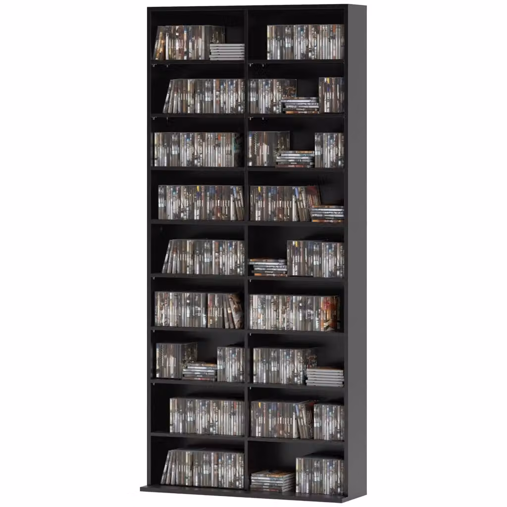 Libreria porta CD DVD Blu-ray XYLO con 18 scomparti e ripiani regolabili, colore nero, L: 78,5 cm, P: 24 cm, H: 175 cm – 2
