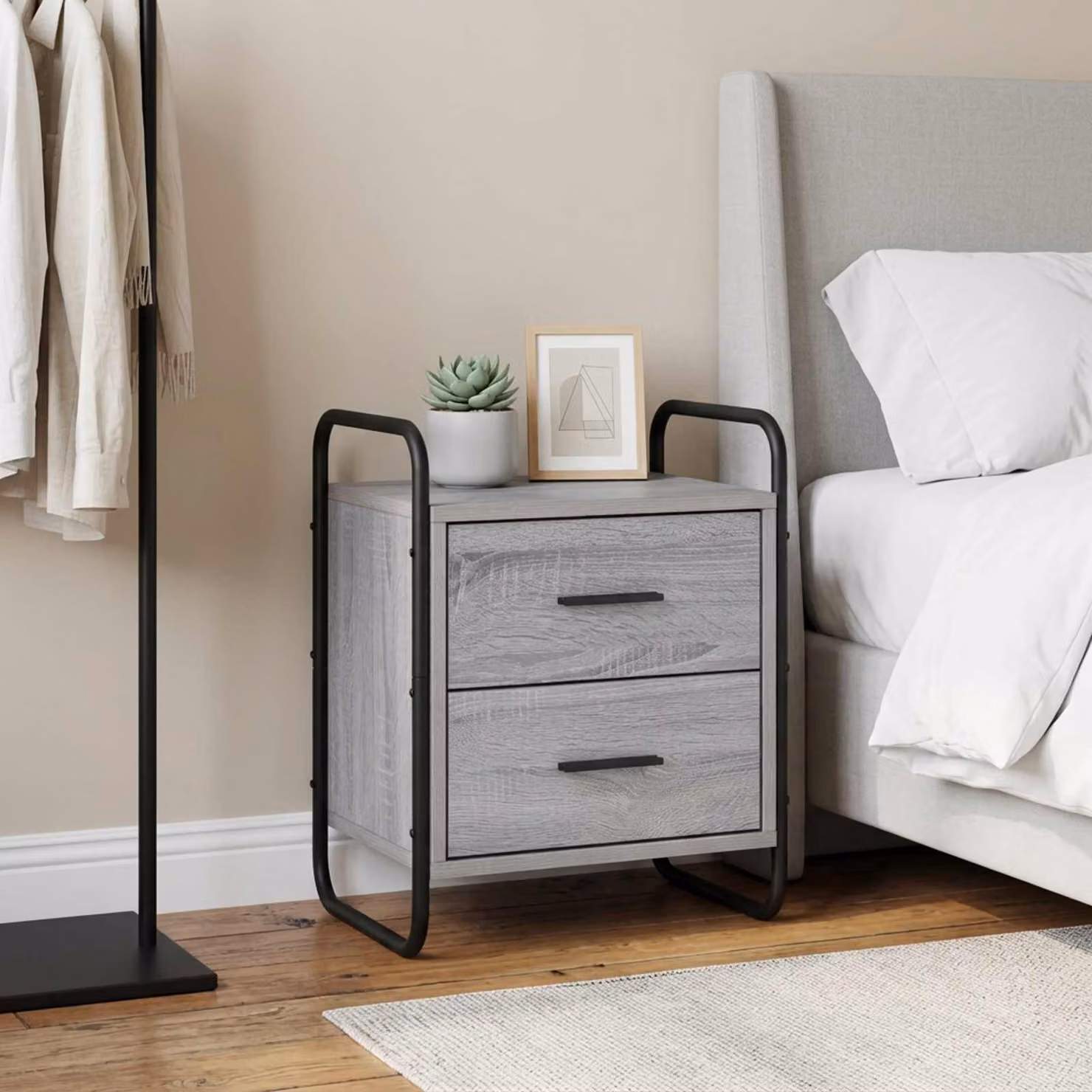 vidaXL Mobiletto da Letto Appeso Moderno in MDF e Metallo, Grigio e Nero, L 40 cm x P 30 cm x H 50 cm