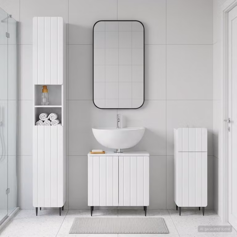 Set di 3 armadietti da bagno moderni vidaXL ZWOLLE Bianco Lucido con pensili e colonne autoportanti