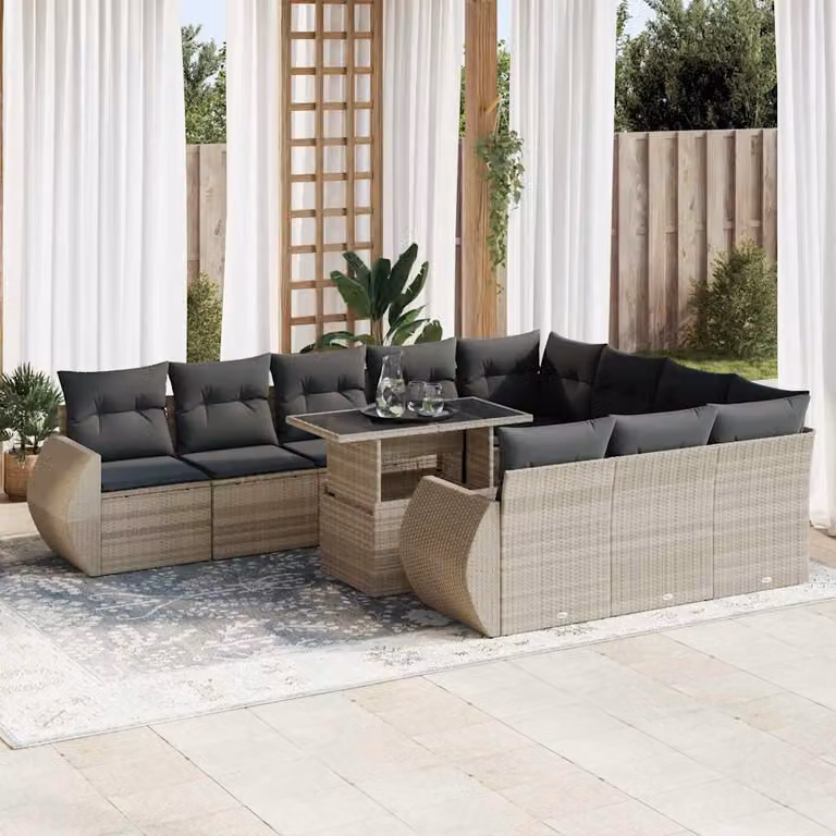 Set di divani da giardino vidaXL 11 pezzi in polyrattan grigio con cuscini e tavolino da esterno a forma di L