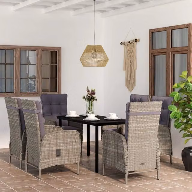 Set da pranzo da giardino vidaXL in polyrattan con tavolo in vetro e 7 sedie con cuscini, Grigio e Nero – 1