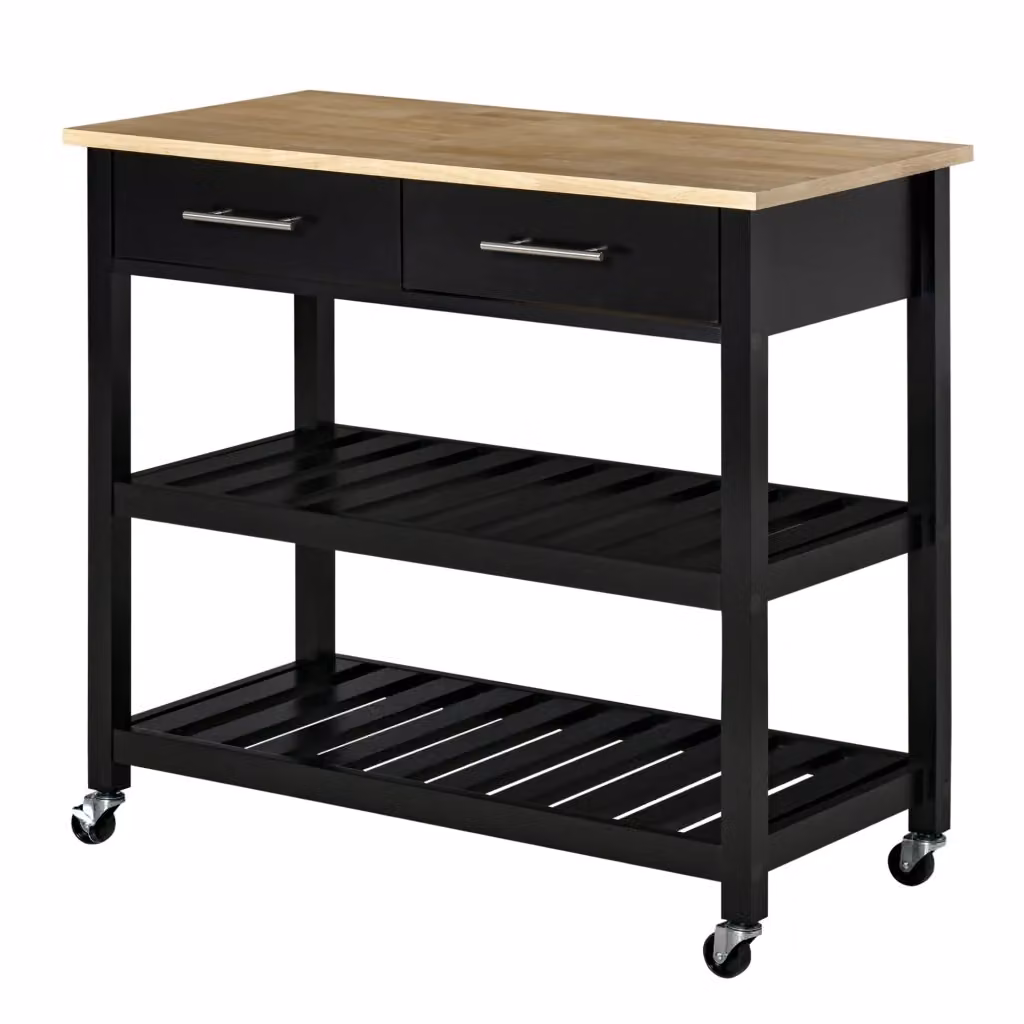 Carrello da cucina con ruote XYLO nero e legno naturale con 2 ripiani e 2 cassetti H: 91,4 cm, L: 45,6 cm, P: 40,0 cm – 2