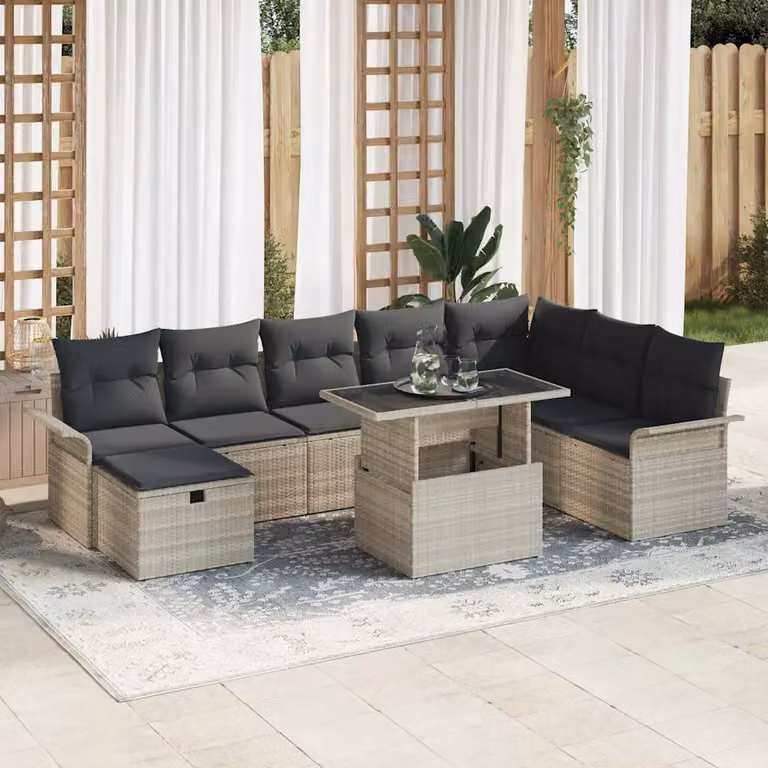 Set Divano da Giardino a L vidaXL 9 pz Grigio con Cuscini e Tavolino in Polyrattan e Acciaio