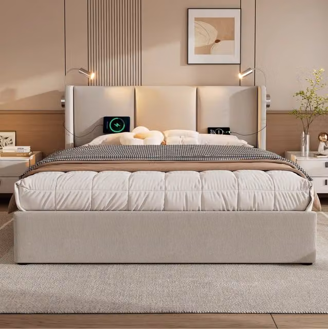 Letto contenitore 180x200 cm in lino beige con lampada da lettura e USB