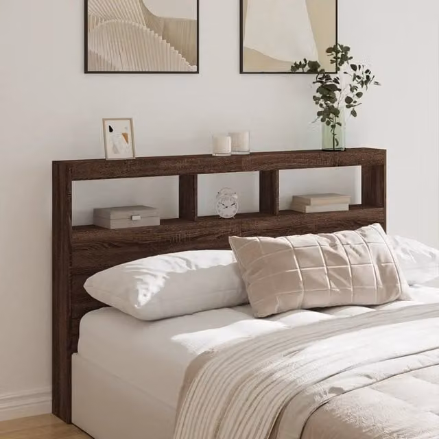 Testiera con Contenitore e LED vidaXL in Legno Marrone con Ripiano e Porta USB L: 160 cm, P: 17 cm, H: 102 cm