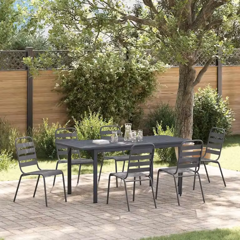 Set da pranzo per giardino e terrazza vidaXL in metallo antracite, composto da 7 pezzi con tavolo rettangolare estensibile