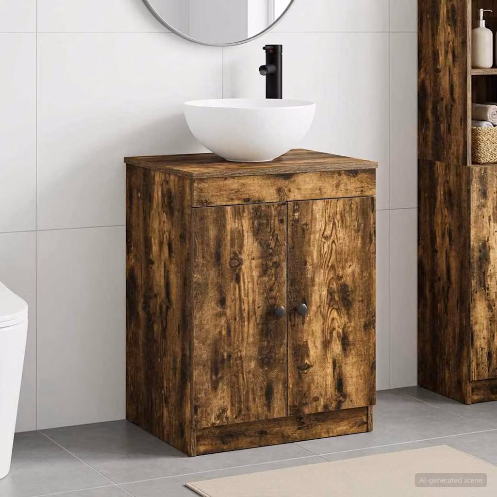 Set di mobili per il bagno moderno vidaXL in legno e metallo color rovere fumo con base freestanding e vanità L: 70,0 cm, P: 41,0 cm, H: 54,0 cm