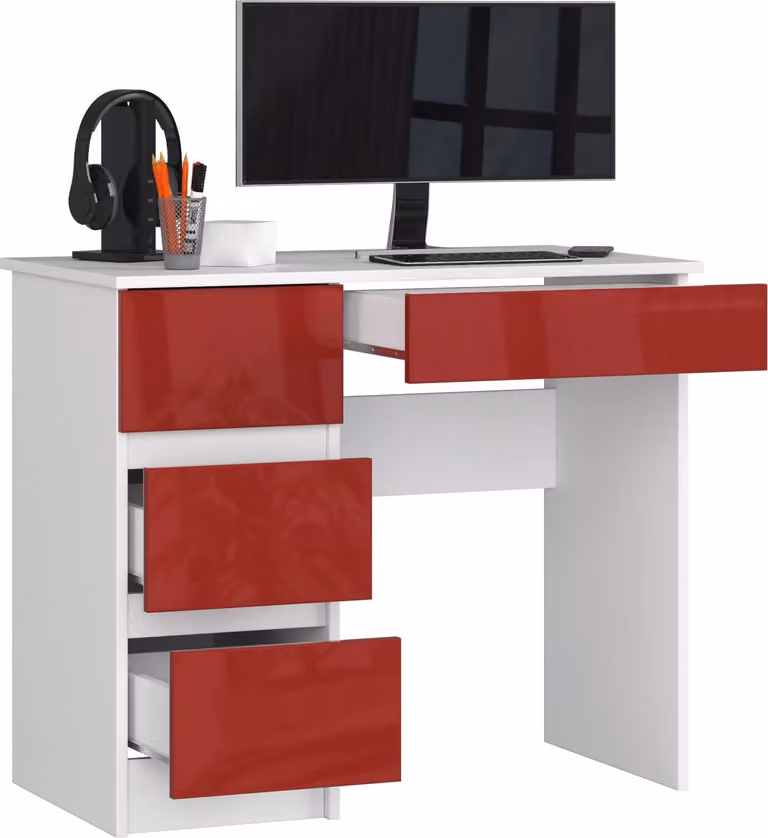 BDW Scrivania per ufficio con 4 cassetti, scrivania da gioco, bianco / rosso lucido sinistro