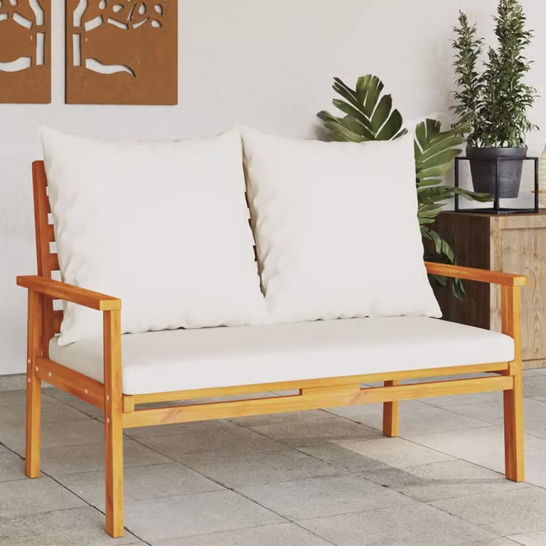 Panca da giardino vidaXL in legno di acacia oliato con cuscini e braccioli L: 120 cm