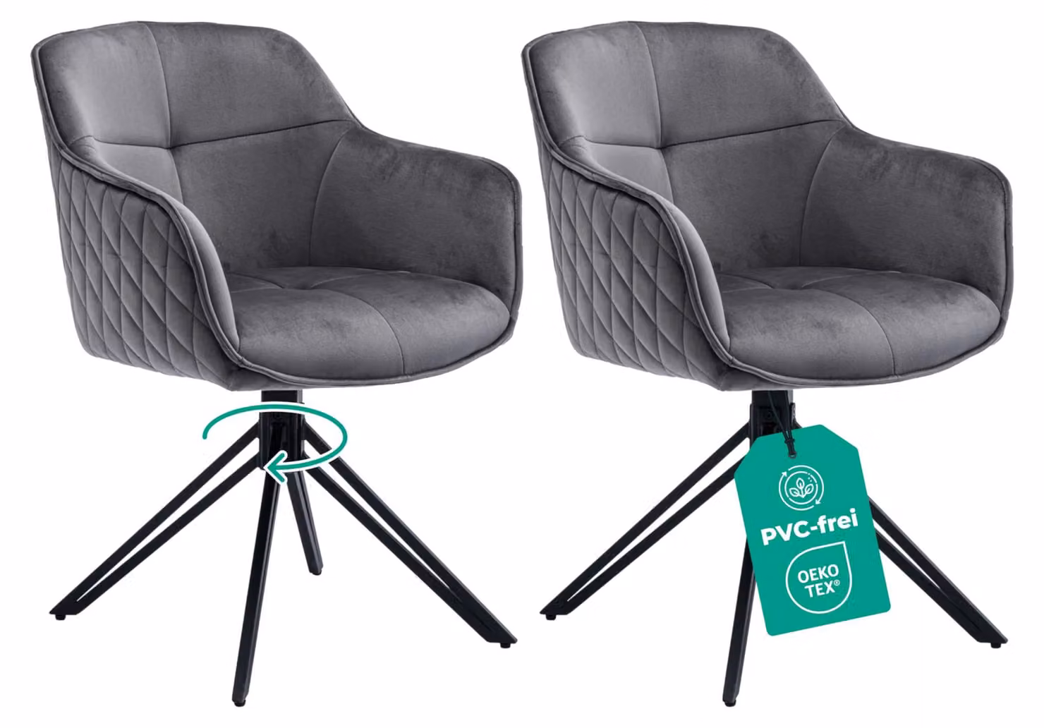 Set di 2 poltrone da pranzo, colore grigio, in velluto, girevoli, stile retrò