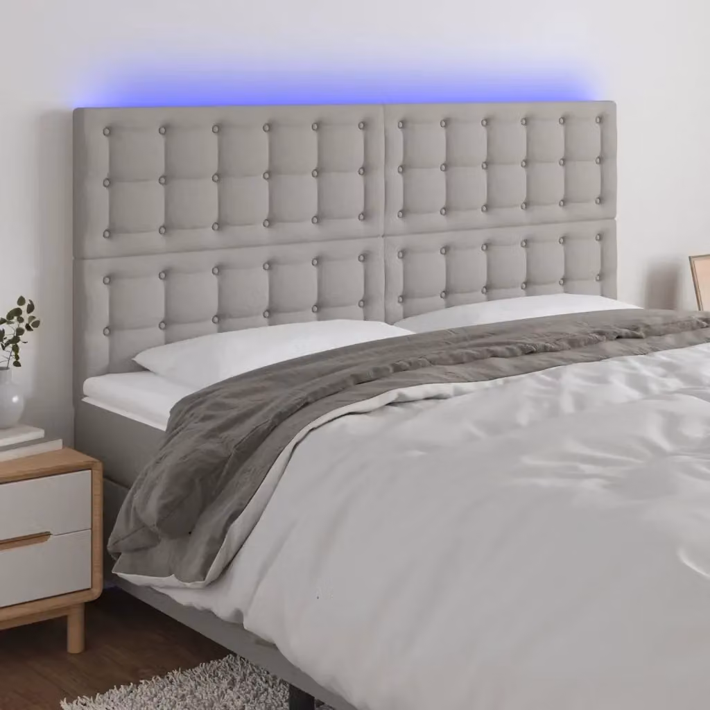 Testata del letto con illuminazione LED e porta di ricarica USB in tessuto grigio chiaro L: 200 cm, P: 5 cm, H: 118/128 cm – 2