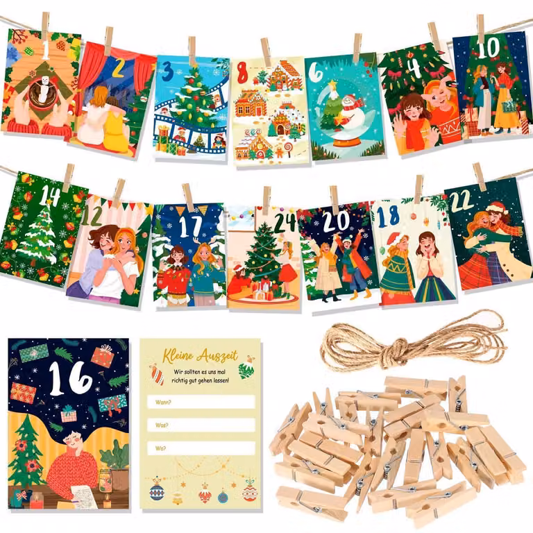 Calendario dell'Avvento per amiche, con 24 bigliettini e mollette di legno