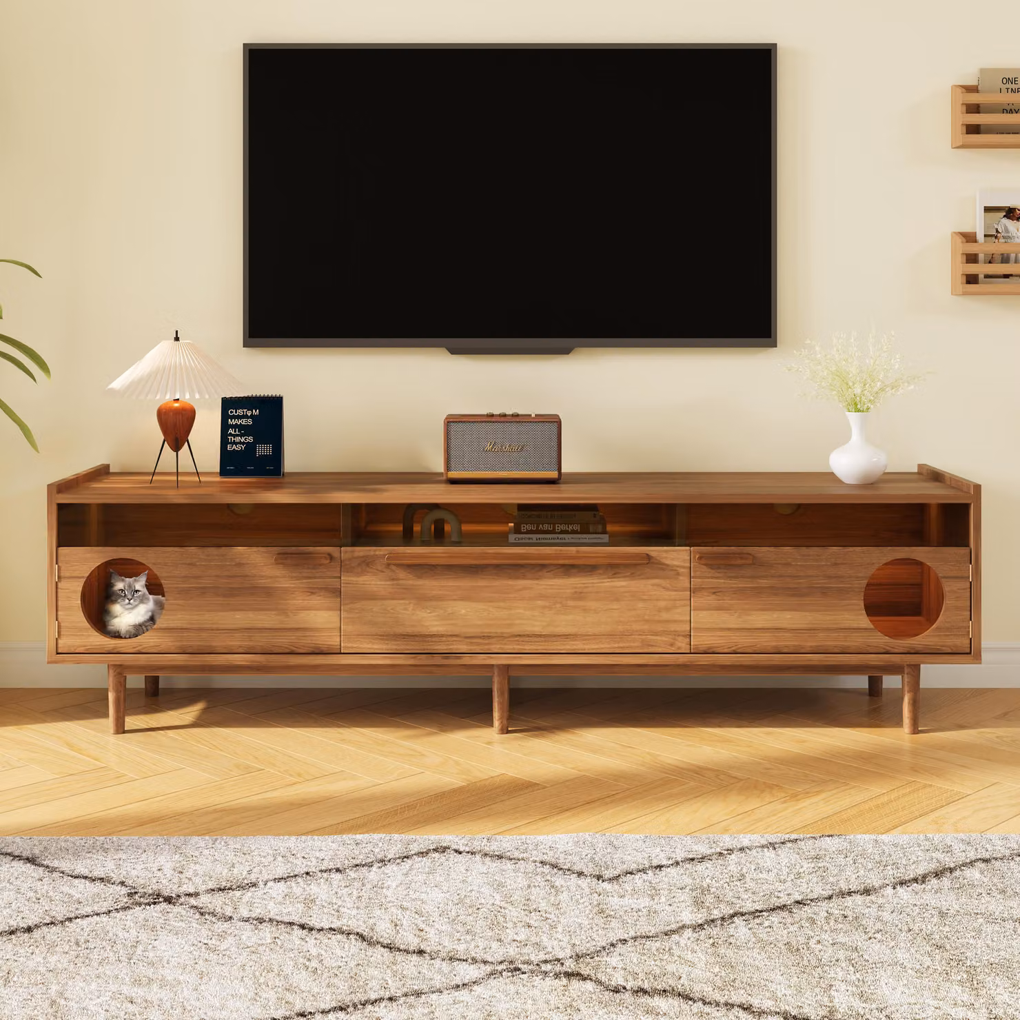 Mobile TV moderno Sweiko con illuminazione a LED - con area di riposo per gatti, leve di sostegno, ante in vetro rinforzato con acciaio e 1 cassetto (senza cuscino per gatti), colore noce, 180×40×50 cm