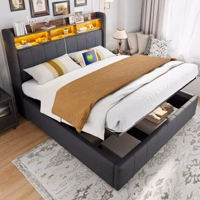 Letto matrimoniale OKWISH con contenitore idraulico, illuminazione LED, porte USB e Tipo C, grigio, L/P: 160 x 200 cm
