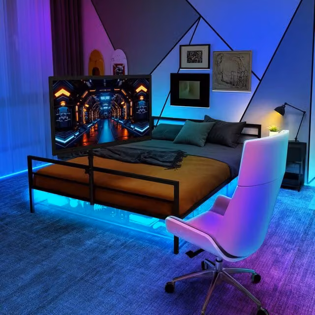 Letto Gaming Minimal con Contenitore e Illuminazione LED in Metallo Nero 90x200 cm