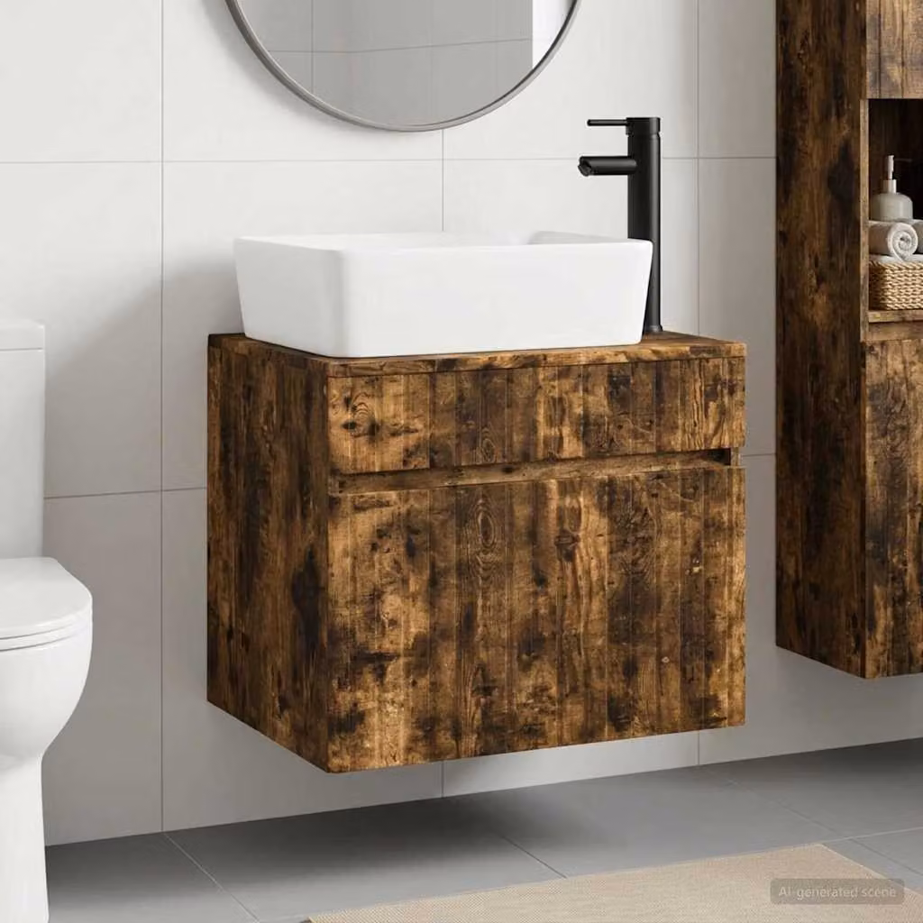 Set di mobili da bagno moderni vidaXL in legno ingegnerizzato marrone opaco, sospesi, L: 59,0 cm, P: 44,5 cm, H: 50,0 cm