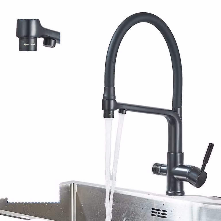Rubinetto da cucina con filtro, bocca estraibile flessibile, doppia maniglia in ottone, nero opaco