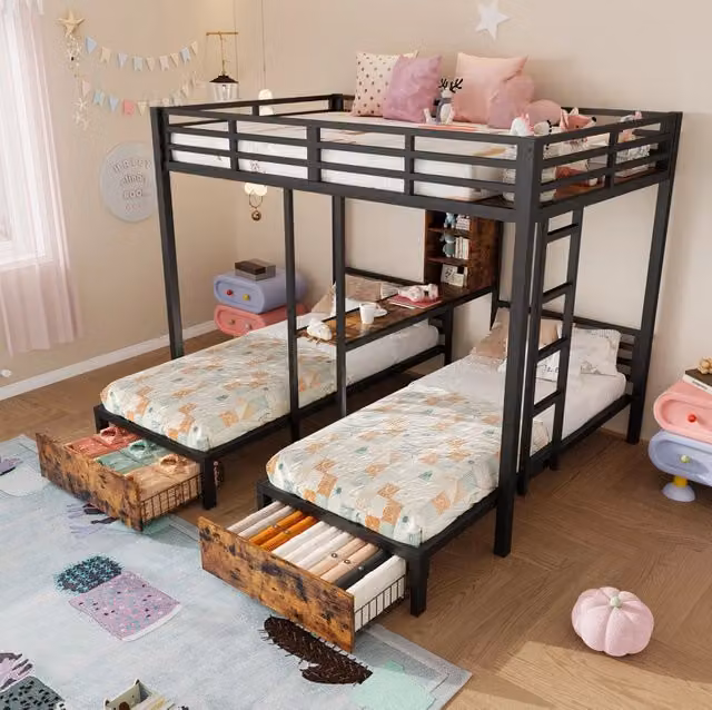 Letto a castello triplo nero 140x200 cm + 90x200 cm con sbarre di sicurezza, cassetti e vani portaoggetti, senza materasso