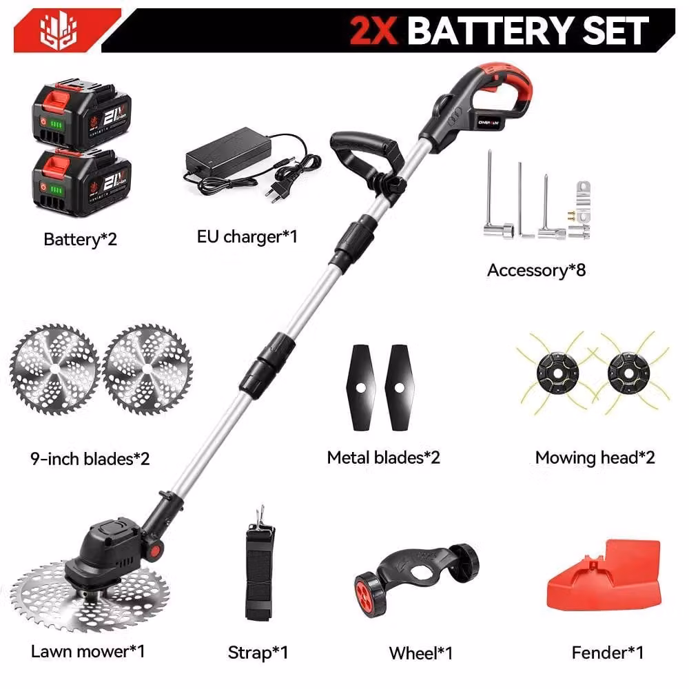 Tagliaerba e trimmer a batteria - Tagliaerba elettrico - Senza fili, 18V, motore brushless, larghezza di taglio di 23 cm, maniglia pieghevole, set con 2 batterie