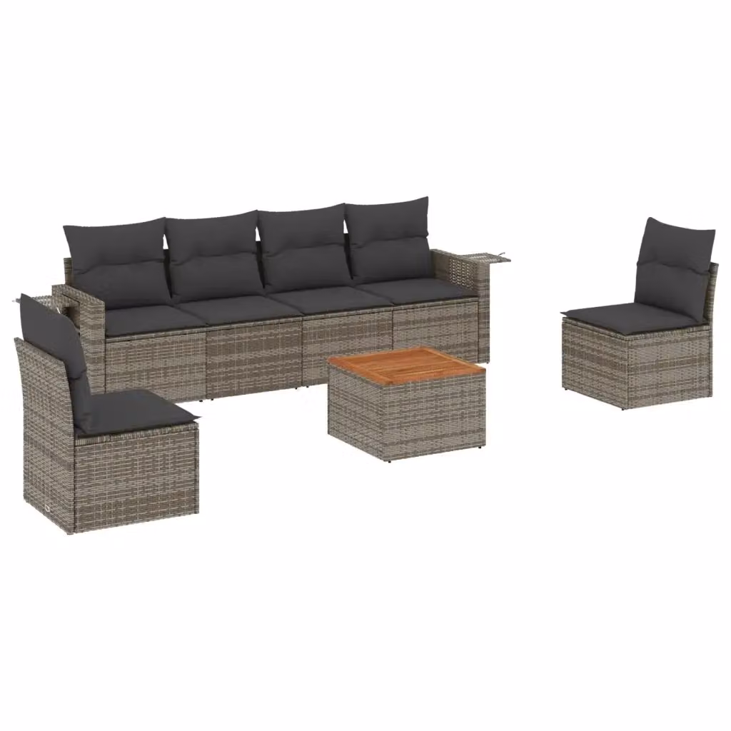 Set da giardino vidaXL composto da 7 pezzi in polyrattan grigio con cuscini imbottiti e tavolino da esterno – 2