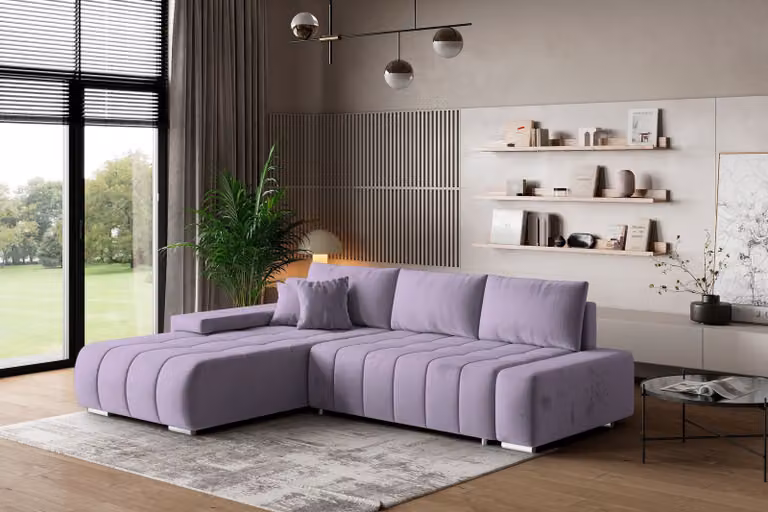 Divano angolare Masseno ALESE L-S con funzione letto a L, divano con box letto, divano da soggiorno, divano, divano letto, set di divani - viola, MONOLITH 62