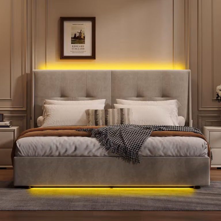 Letto imbottito ProximaX 140x200cm con rete a doghe, LED, letto a molle idrauliche con rete e contenitore, letto matrimoniale in velluto con contenitore letto funzionale, beige