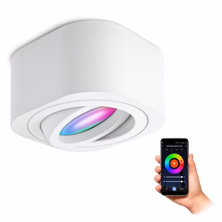 SSC-LUXon TEARA faretto da superficie bianco piatto orientabile incl. Smart RGB+ WLAN LED - Faretto da soffitto spot compatibile con Alexa, Siri e Google