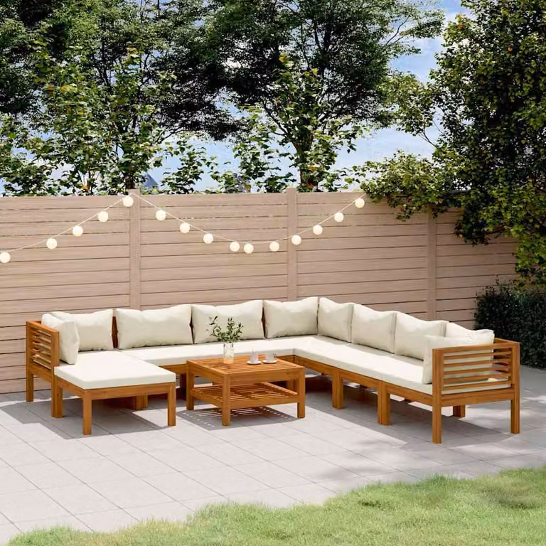 Set Divani da Giardino vidaXL 9 Pezzi in Legno di Acacia con Cuscini Beige e Tavolino da Esterno