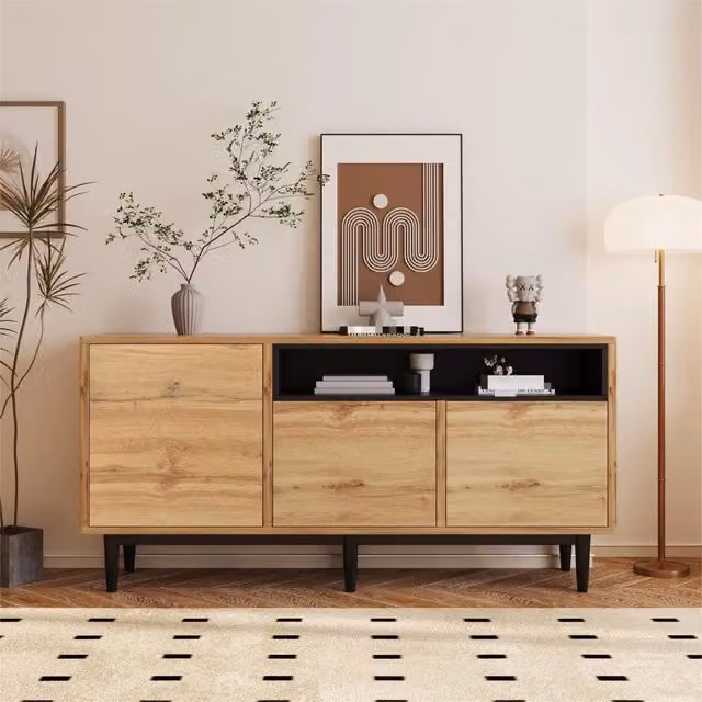 Madia moderna in legno, 160x35x76 cm, con 3 ante e ripiani. Design salvaspazio, robusta e affidabile. Montaggio semplice.