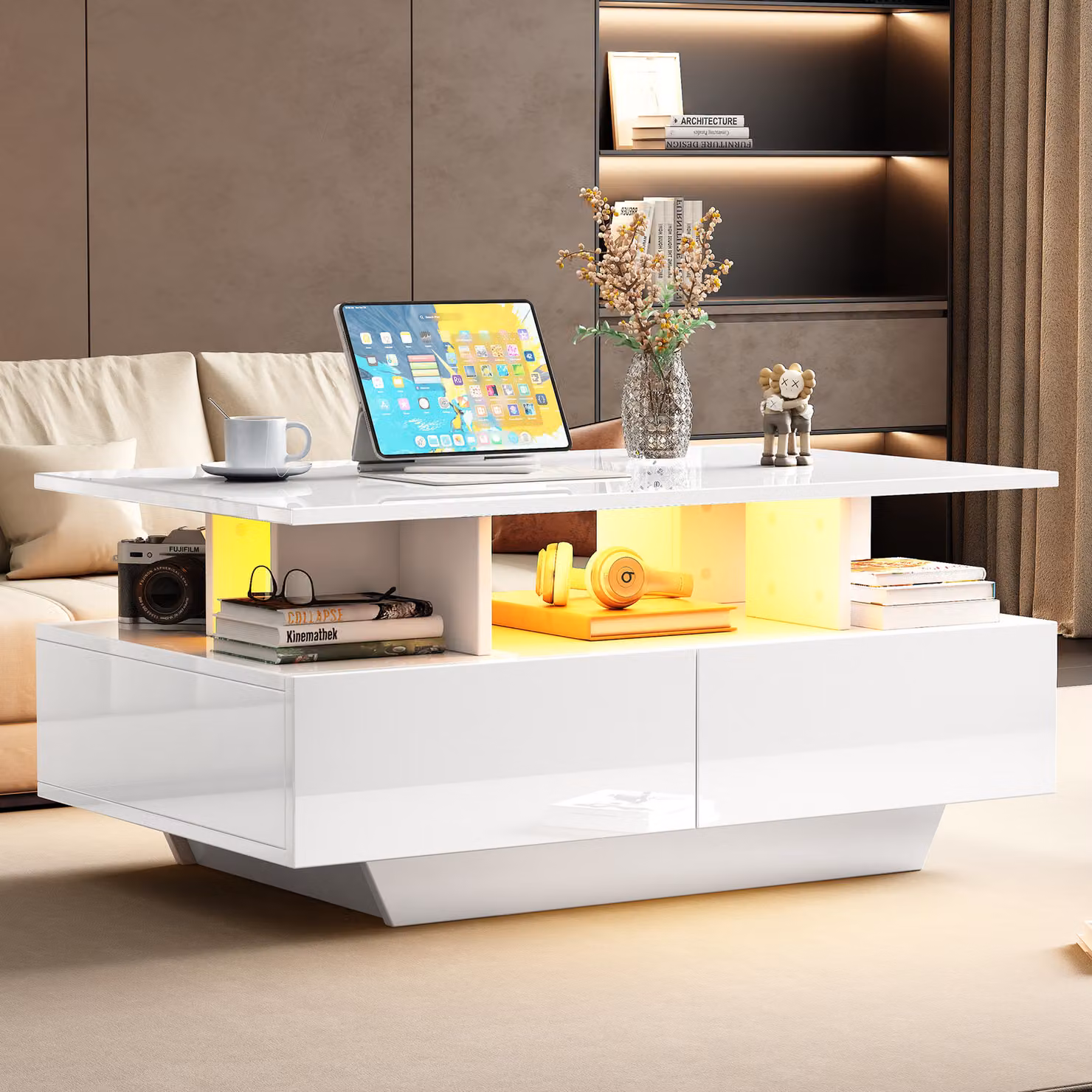 MODFU Tavolino rettangolare lucido con illuminazione a LED per soggiorno, camera da letto, tavolino con 2 cassetti, bianco