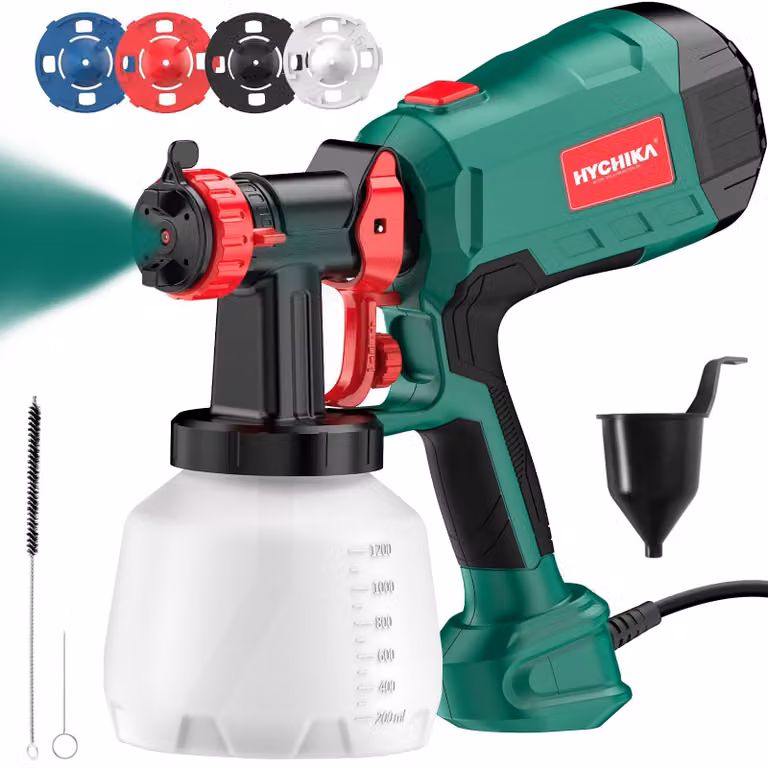 Sistema di verniciatura a spruzzo HYCHIKA da 600W, pistola a spruzzo HVLP da 1200 ml, con 3 modalità di spruzzo, 4 ugelli e 2 strumenti di pulizia, e controllo del flusso di vernice regolabile